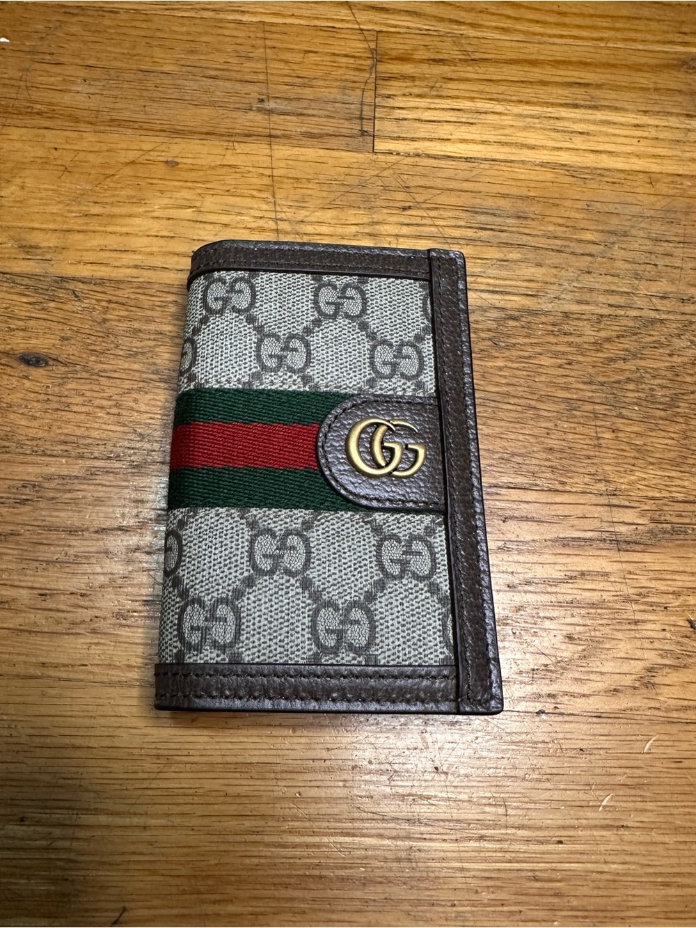Gucci Brown GG Supreme Card Holder with Green and Red Web